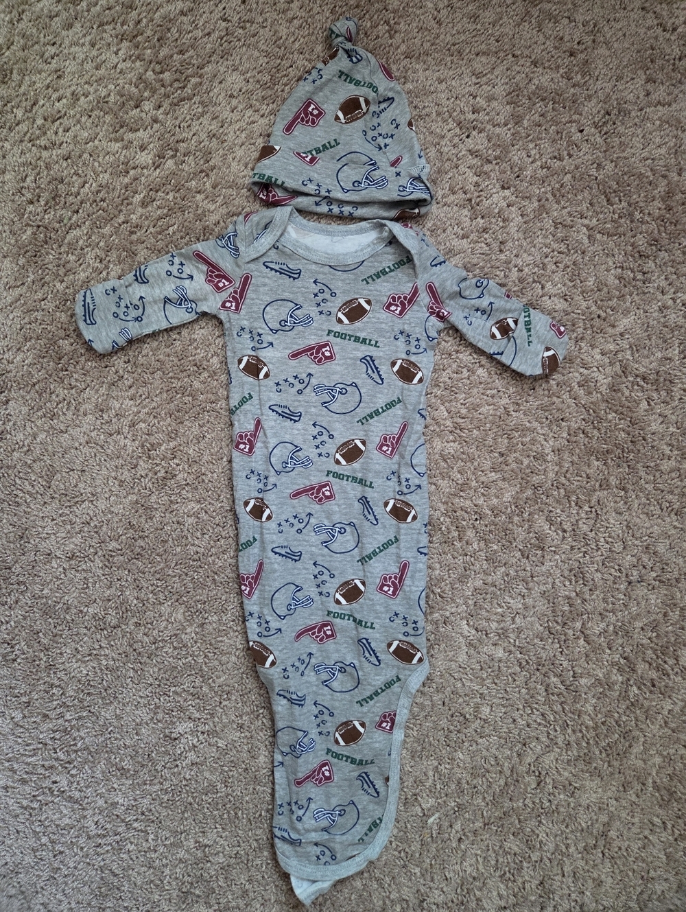 Gray Football-Print Infant Gown with Hat